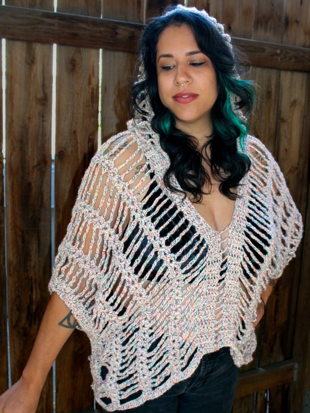 NWT Handmade Crochet One Size Poncho Hoodie Mesh Beachy Boho Rainbow Open Knit
